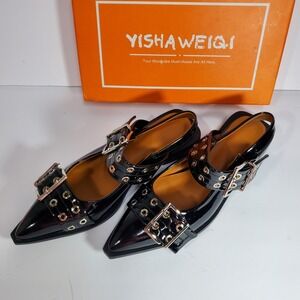YISHAWEIQI Black Patent Leather Buckle Slingback Point Toe Ballet Flats Size 38